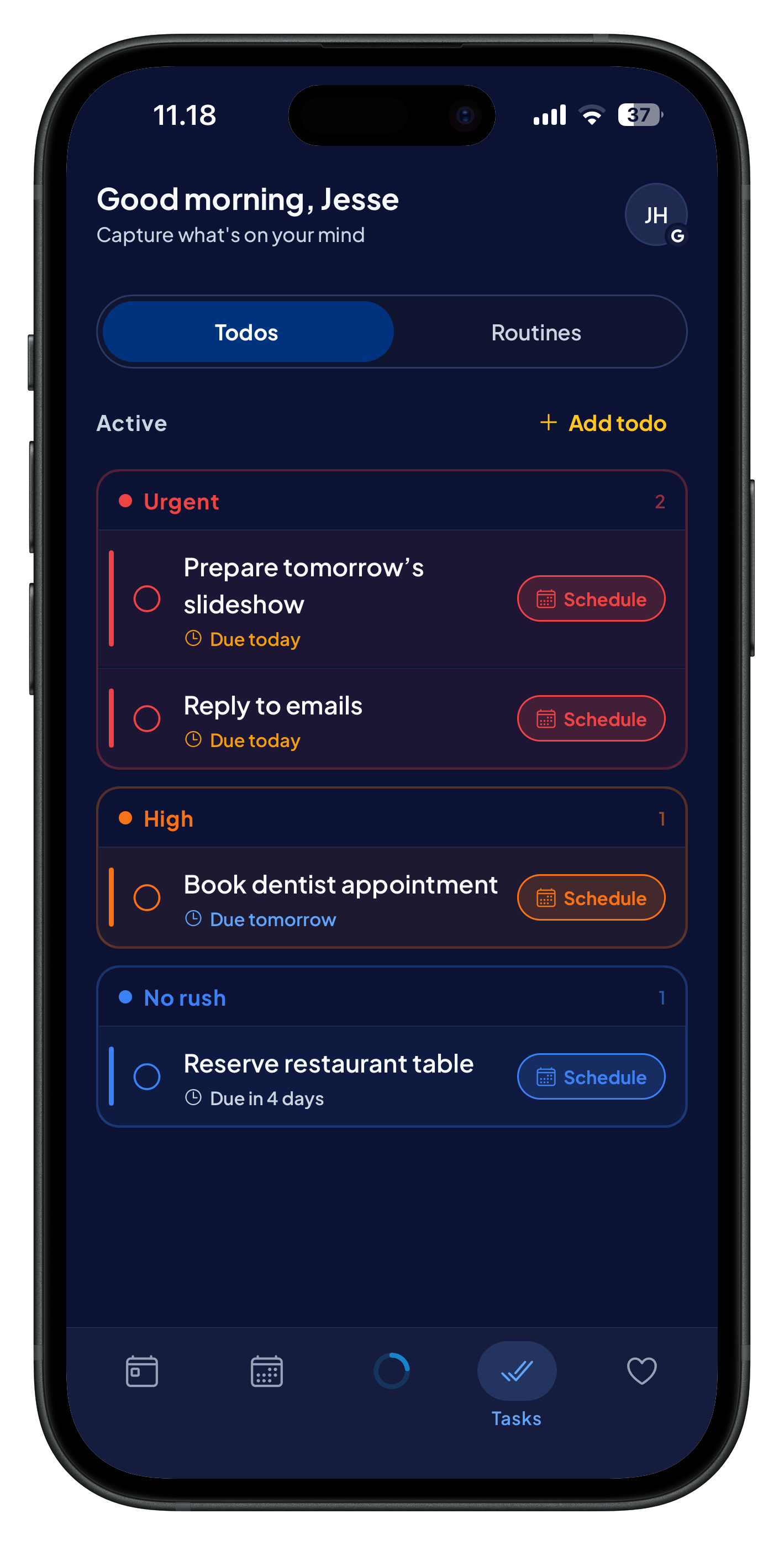 Tasks view: tasks sorted by priority